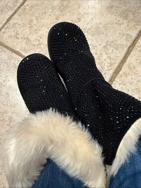 Sheikh New Black Sequin Fur Winter Boots w button W11